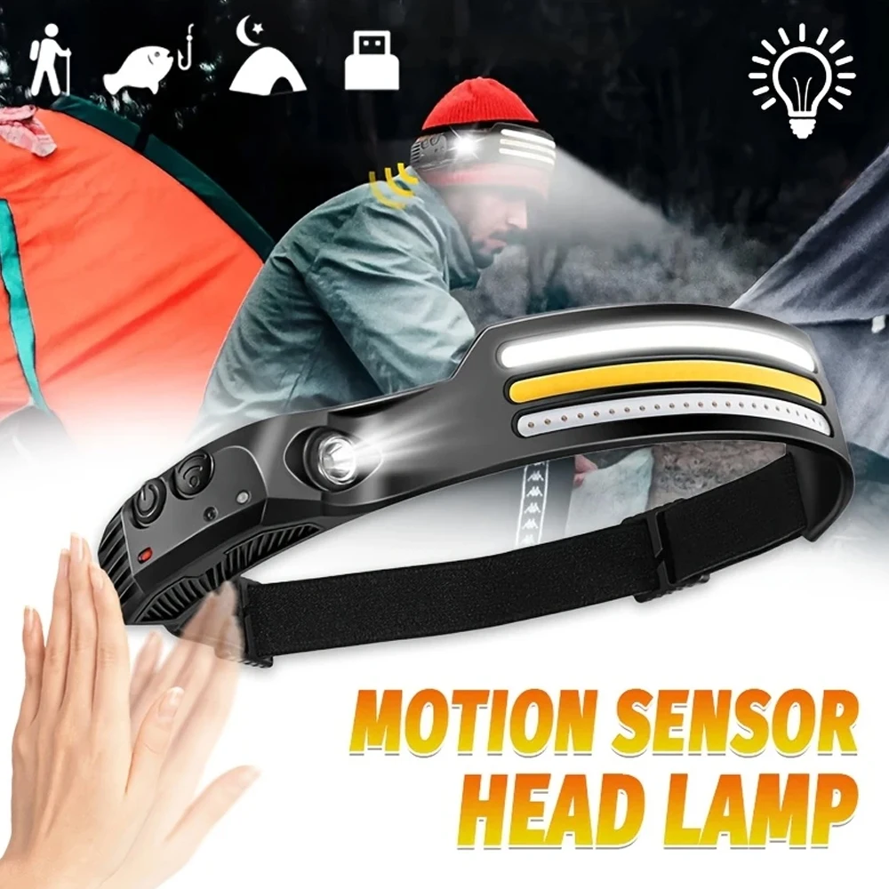 Fish Finder Battery - ไฟหน้าแบบเหนี่ยวนำ LED COB แบบชาร์จไฟได้พร้อมแบตเตอรี่ในตัว 10 โหมดเซ็นเซอร์หัวไฟฉายกลางแจ้งแคมป์ปิ้งตกปลาหัวโคมไฟ